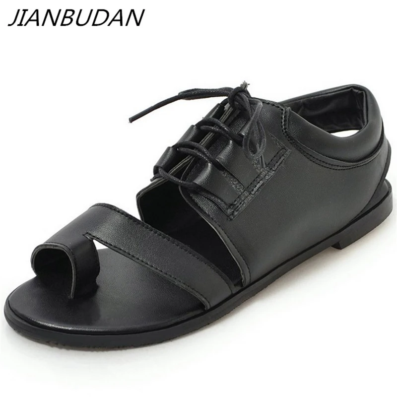 

JIANBUDAN / Retro Fashion flat sandals women's Lace-Up Open Toe Beach shoes Black sexy gladiator sandals Large size 35-43