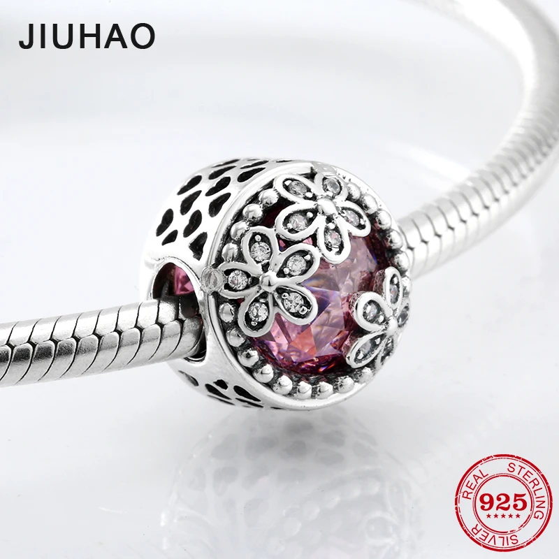 

925 Sterling Silver luxury hollow heart three flowers bright pink CZ beads Fit Original Pandora Charm Bracelet Jewelry making