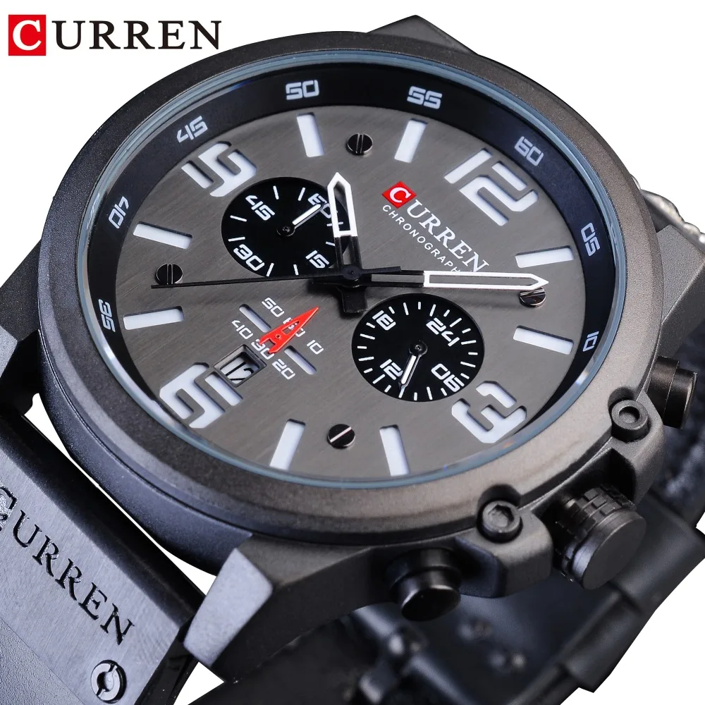 

CURREN Three Dial Chronograph Compete Calendar Mens Quartz Military Sport Wrist Watch Top Brand Luxury Black Leather Belt Clock