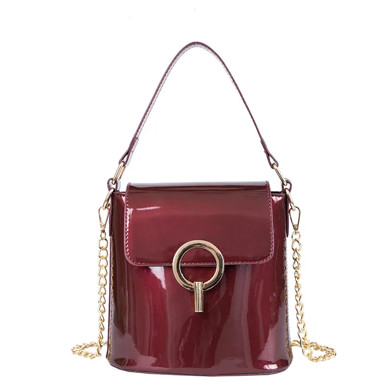 

2019 Spring and Summer Fashion Patent Leather Women Shoulder Bag High Quality Chain Small Bucket Bag Luxury Atmosphere Women Bag