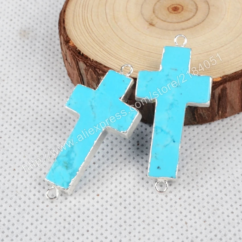 Cross Blue Howlite Turquoise Sliver Plated Necklace Connector Beads Double Bails Making Jewelry S0872