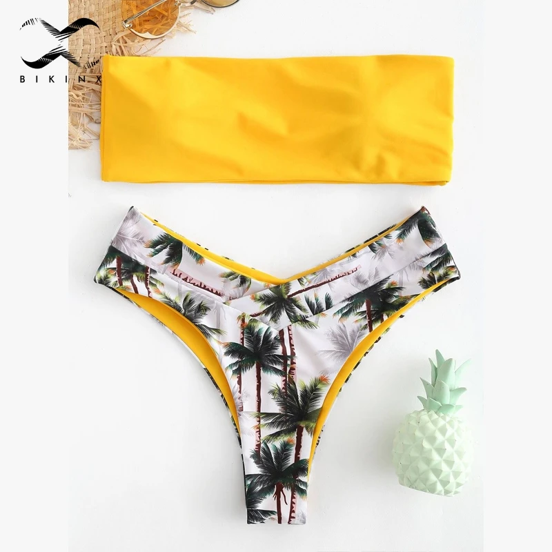 

Bikinx Bandeau bikinis 2018 mujer Tropical leaves bathing suit women Yellow brazil bikini Push up swimsuit female sexy swimwear