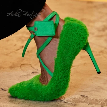 

Arden Furtado 2019 autumn high heels stilettos pointed toe red royalblue buckle strap fashion green white fur pumps big size 44
