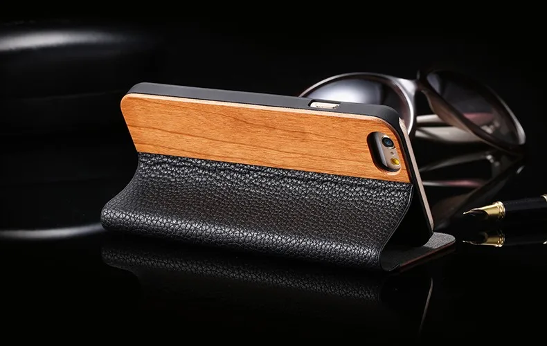Ретро Роскошный кожаный+ бамбуковый деревянный флип-чехол для Apple iPhone 6 6S Plus для iPhone 7 модный кошелек с отделениями для карт чехол-сумочка с личи