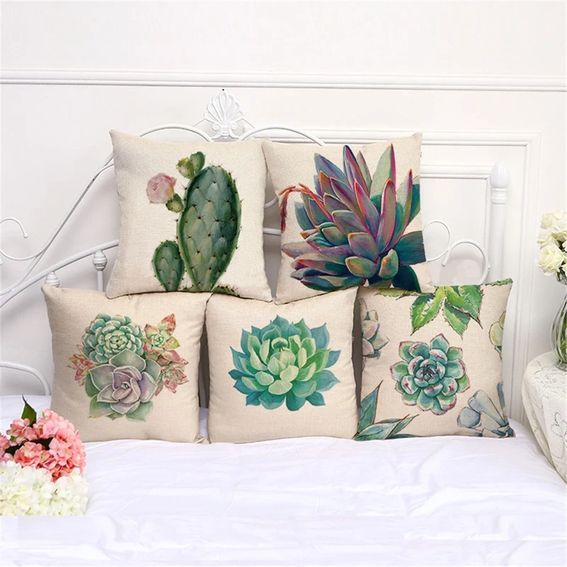 Linen Cototn Cactus Plants Cushion Cover Green Leaves Pillow Case Seat Sofa Home Decorative Pillow Cover Textiles Pillowcase