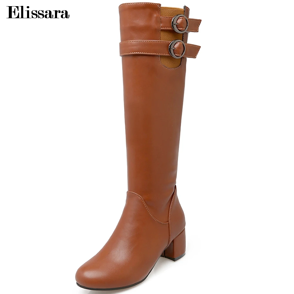 

Elissara Winter Shoes Women Med Heels Knee High Boots Shoes Women Boots Casual Zip Buckle Strap Round Toe Shoes Plus Size 33-43