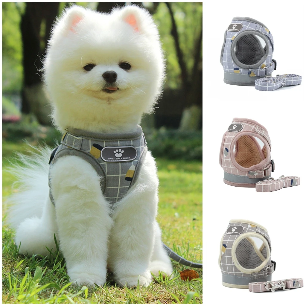 

Reflective Harness for Dog Cat Harnesses Leash Breathable Plaid Adjustable Small Cat Dog Harness Vest XS -XL