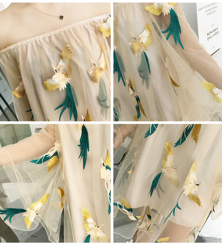 Женское платье летнее сексуальное шифоновое платье с открытыми плечами и вышивкой 3D птица Бохо вечерние Пляжные Платья Vestidos De Fiesta