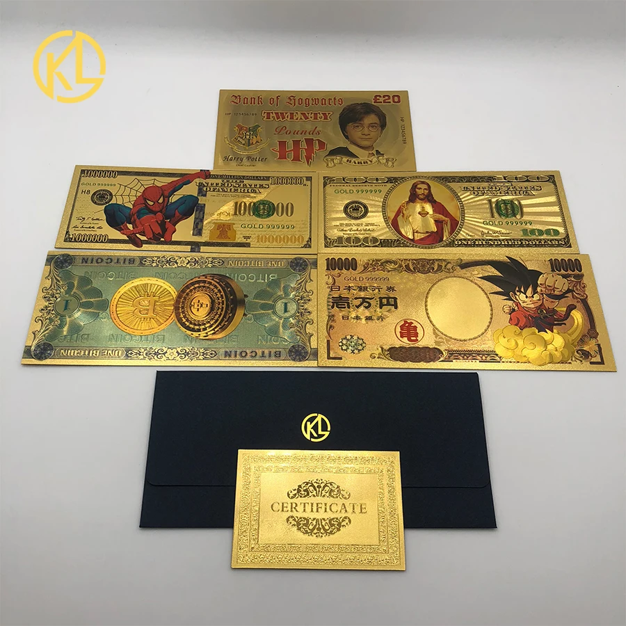 

Hotsale Classic Memory Magician Spiderman Draogon ball Son Goku Kakarotto Jesus one Bitoin souvenir Gold Banknote For gifts