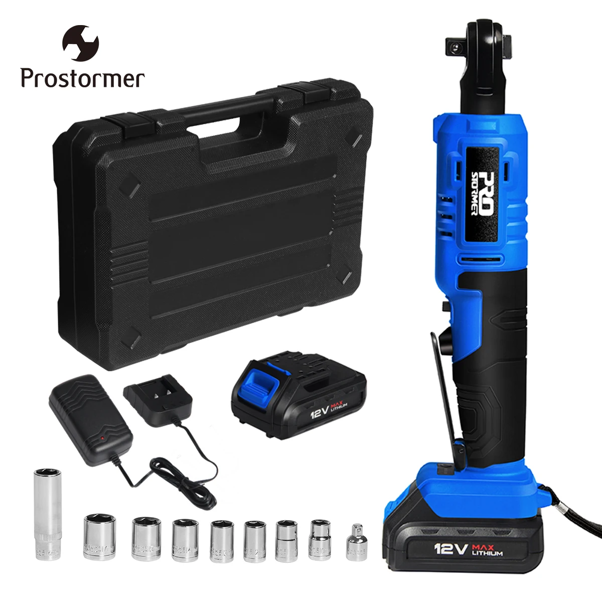

PROSTORMER 12V Electric Ratchet Wrench Set 3/8 inch 45NM Torque Cordless Wrench 2.0Ah Two Batteries 9 Sockets Power Tools