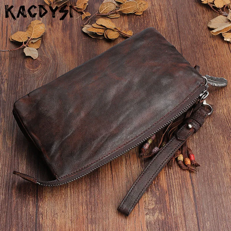 

2019 Design Top Layer Genuine Sheepskin Leather Long Mens Wallets Retro Purse Handmade Wallet Card Holder Day Clutches Wristlets