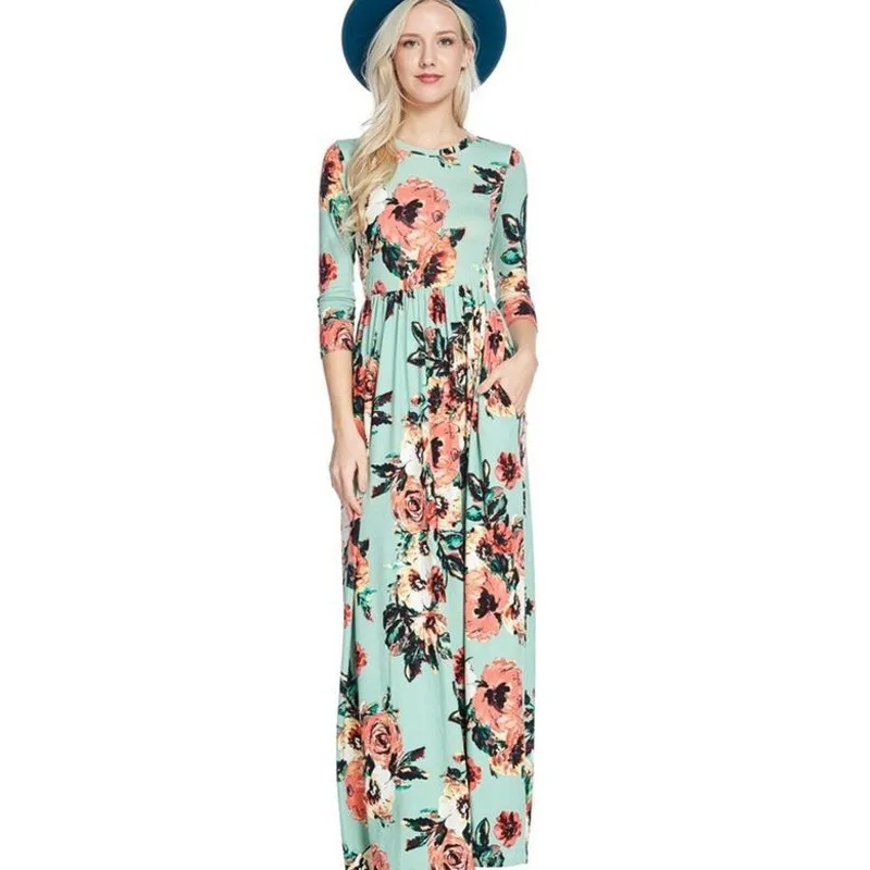 

Casual Maxi Dress Plus Size Vestidos De Fiesta New Arrivals Floral Print Summer Dress Elegant O Neck Beach Dress Wrist Sleeve