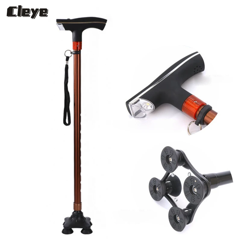 Goede Cleye Hoge Kwaliteit Oude Man Trekking Cane Licht Aluminium Met LED Anti Skid Vallen Pols Touw Alarm Functie voor Senioren