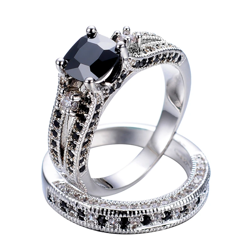Fashion Princess Cut Black Stone Ring Set Women White
