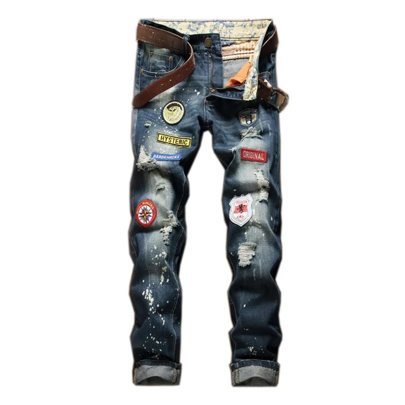 The New Cave cattle Men badge Small straight Slim Frayed Nostalgia jeans