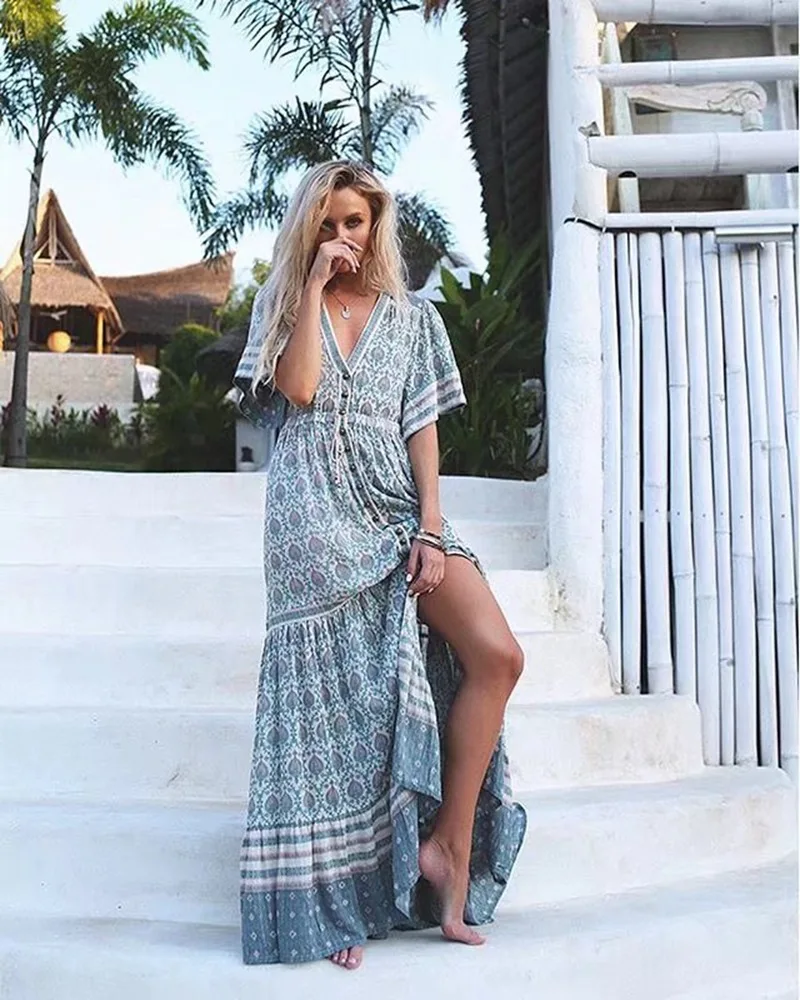 

2018 Summer New Flower Printing Long Dress Empire Flare Sleeve with Sashes Boho Dress V-neck Green Holiday Dress Chic Robes