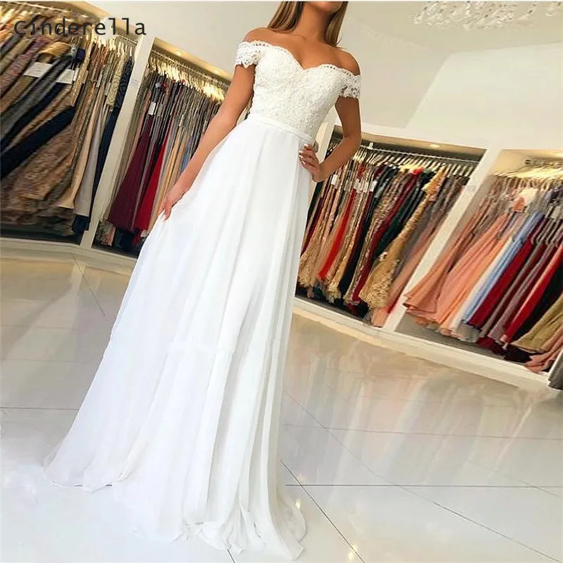 

Cinderella Elegant V-Neck Off The Shoulder Floor Length Lace Applique Evening Dresses Graduation Chiffon Evening Dresses