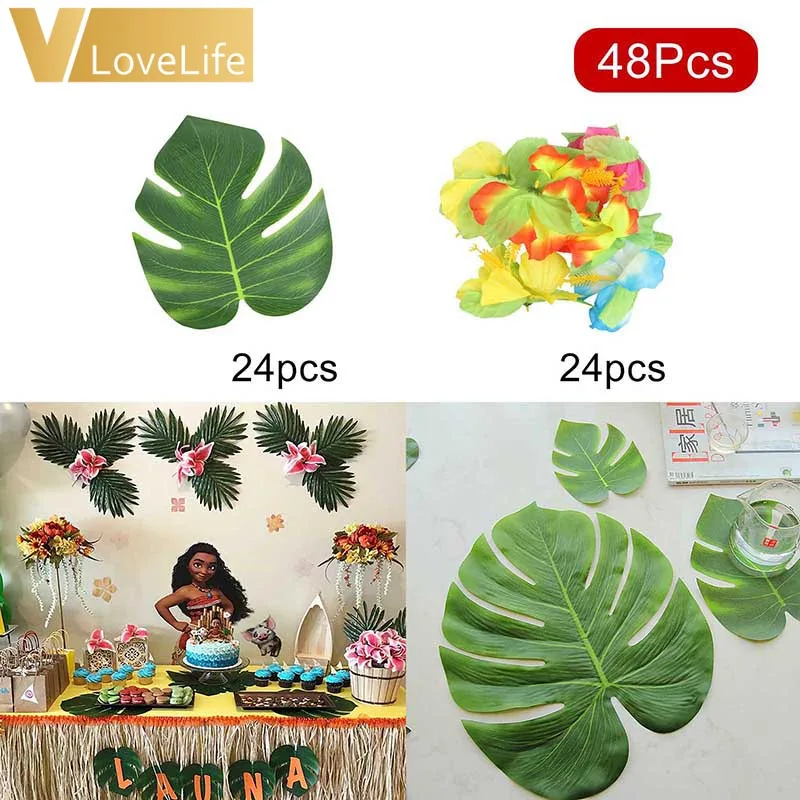 

48Pcs Artificial Turtle leaves Hawaiian Palm Leaves And Artificial Hibiscus Flower,Use For Summer Tropical Island BBQ Theme Part