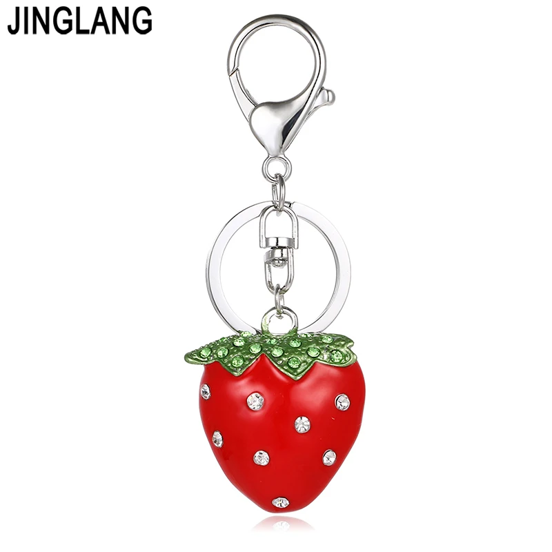 

JINGLANG Silver Color Metal Keyring Dangle 3D Green Crystal Strawberry Fruits Charm Key Chains For Women Bag Pendant Jewelry