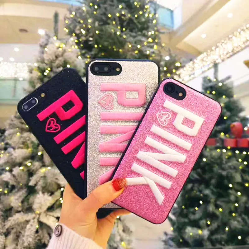 

2019New Bling Glitter Letter Pink Embroidered Case for iPhone 6 6s plus Case for iPhone 7 8 plus X Black, silver, pink,