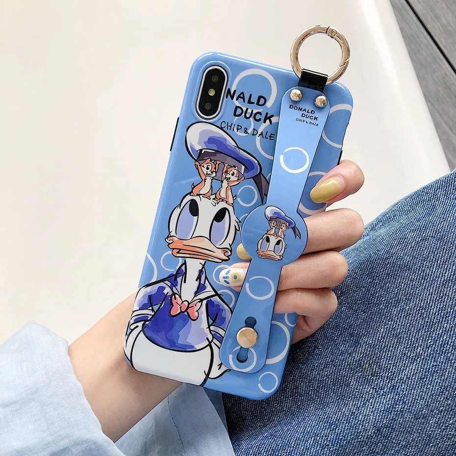 Donald Daisy Duck Case for iPhone 7 8 6 6S Plus Cute Cartoon Wrist Strap Bracket Phone Cover for iPhone XS Max XR X Case Funda