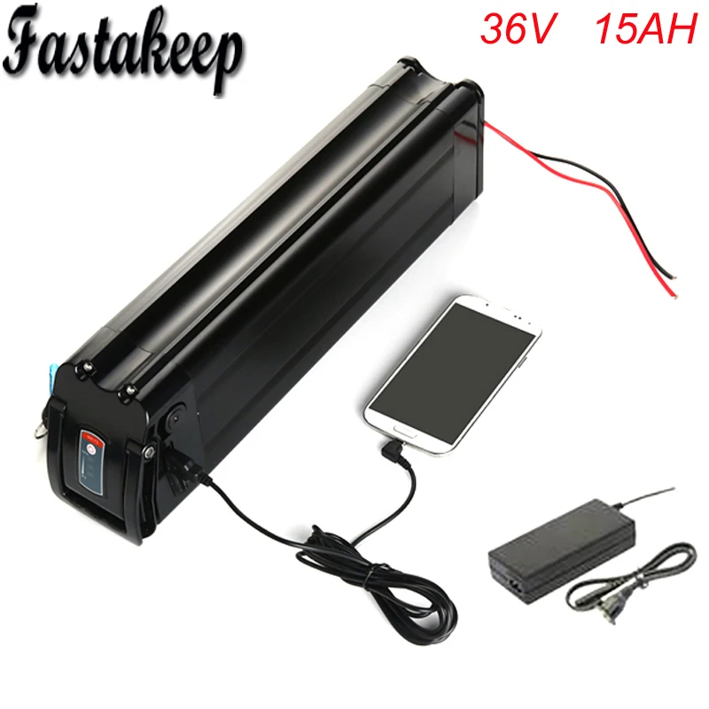 

No taxes Electric Bicycle 36V 15AH Li-ion Battery silver fish 36volt 500w bafang Deep cycle Battery with USB port+charger