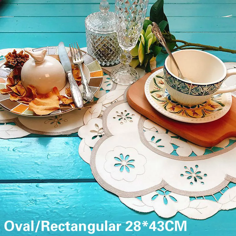 

Modern Solid Beige Table Placemats Coffee Mug Coasters Hollow Embroidery Oval Rectangular Tablecloth Coffee Dining Table Cover