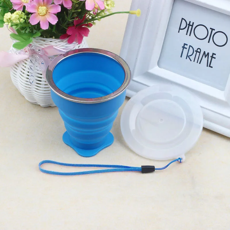 Portable Collapsible Metal ring Transparent Cover Cup Creative Outdoor Travel Folding Retractable Drinking Cups 240ml - Цвет: Blue