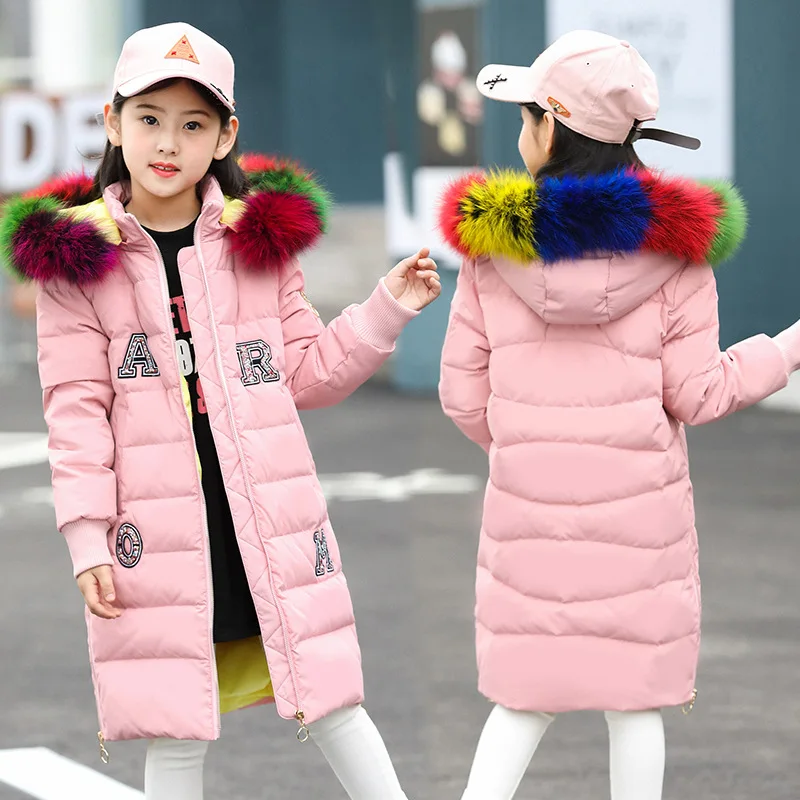 

2018 New Fashion Children Winter Jacket for Girl Coat Kids Warm Thick Colorful Fur Collar Hooded Long Down for Teenage 4Y-14Y