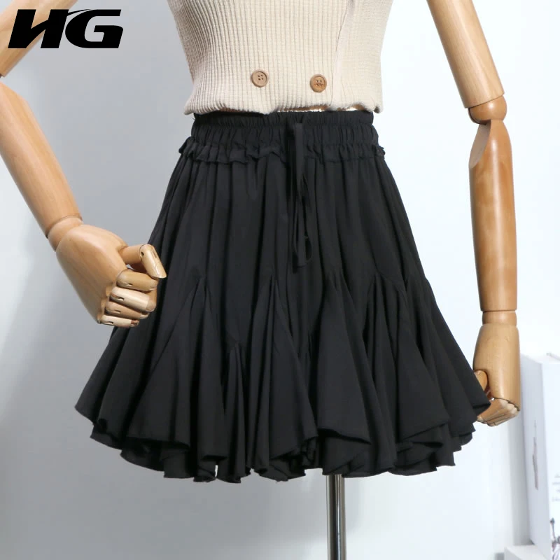 

[HG] Women 2019 Spring Summer Fashion New Solid Color Pleated Loose Skirt Female Bow Bandage Above Knee Casual Skirt LYH2648