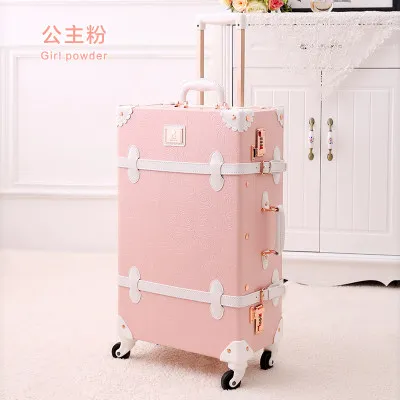 

20" - 26" Spinner Wheels Retro Pink Pu Leather Embossed Suitcase Women Trunk Vintage Luggages Rolling Luggage for Girls