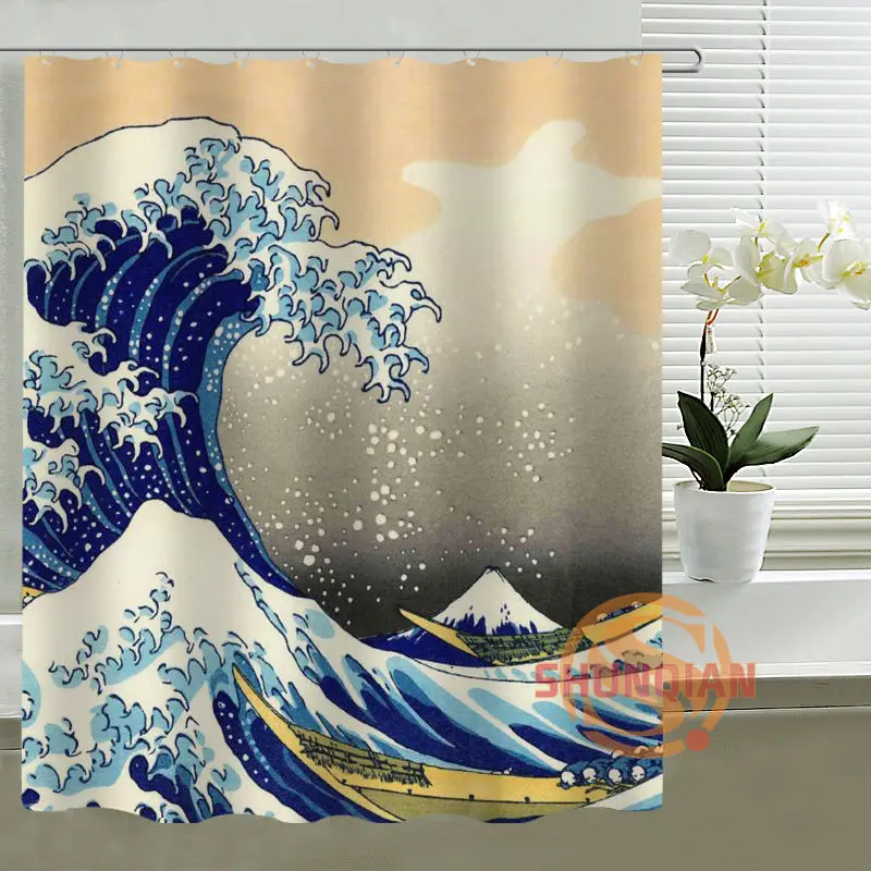 Занавеска для душа AXD Great Wave off Kangawa от Hokusai водонепроницаемая тканевая занавеска