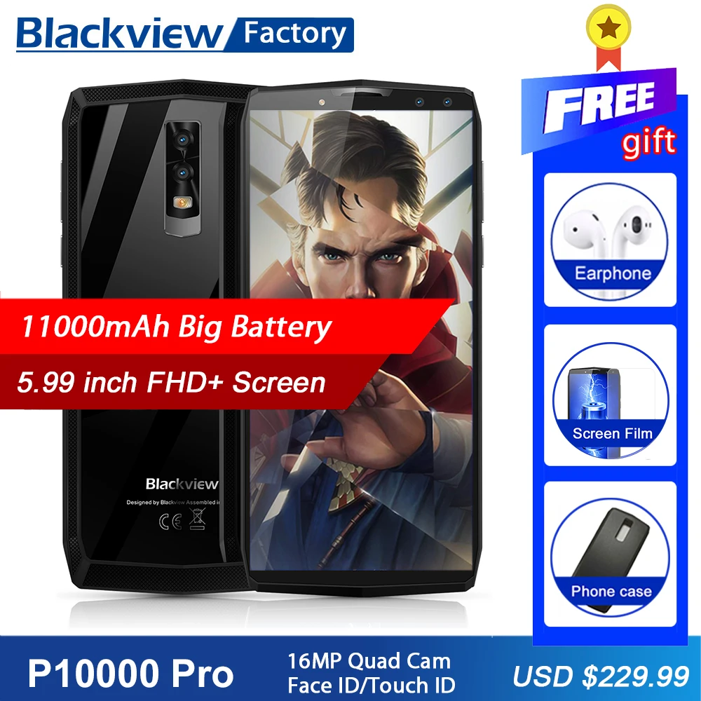 

Blackview P10000 Pro 11000mAh Smartphone Helio P23 Octa Core 16.0MP Mobile Phone 5.99"FHD+ Display 4GB+64GB Cellphone Face ID