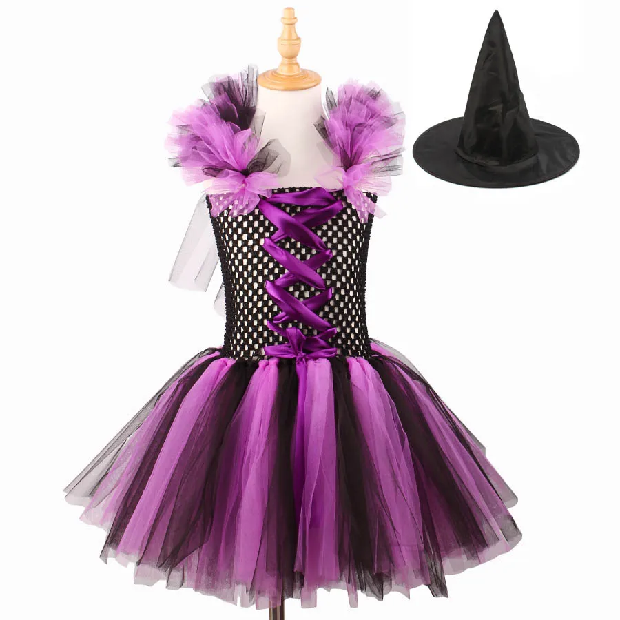Kids Halloween Tutu Dress Fun Girls Fluffy Tutu Witch Dress Costume with Hat Purple Black Dress for Party Dress up (5)