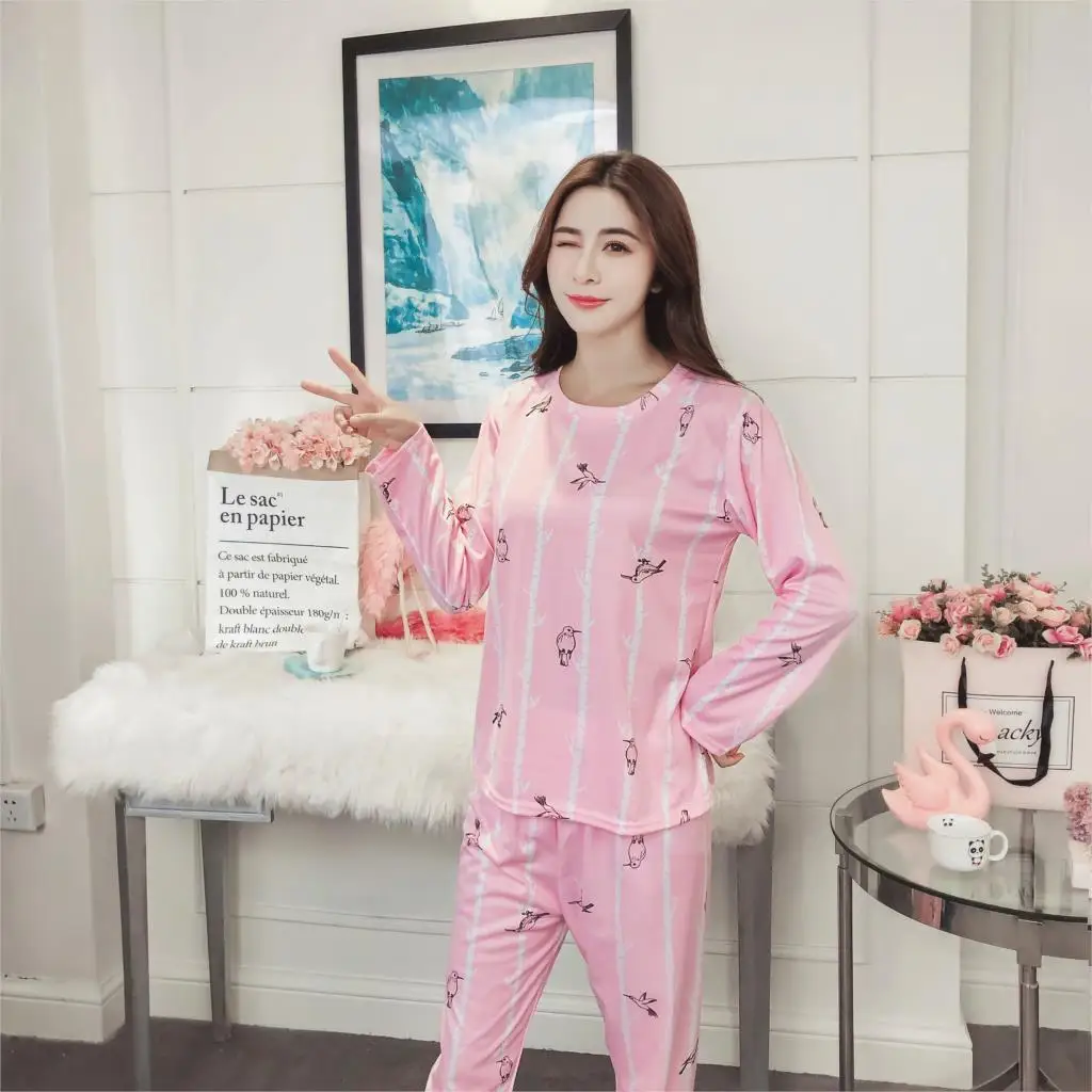 Yuzhenli новый для женщин осень с длинным рукавом Круглый средства ухода за кожей Шеи пижамный комплект толстый молочный шелк прекрасный