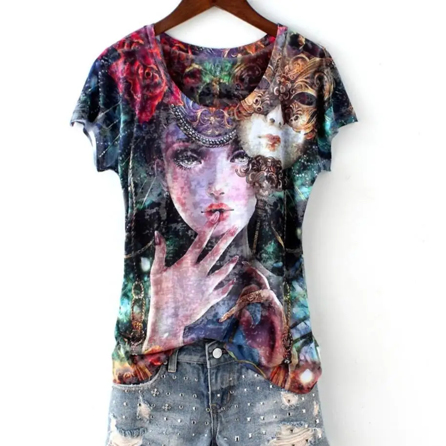 

plus size 5XL!2019 summer new fashion o-neck silk printed fantasy girl Slim women short-sleeved t-shirt tops