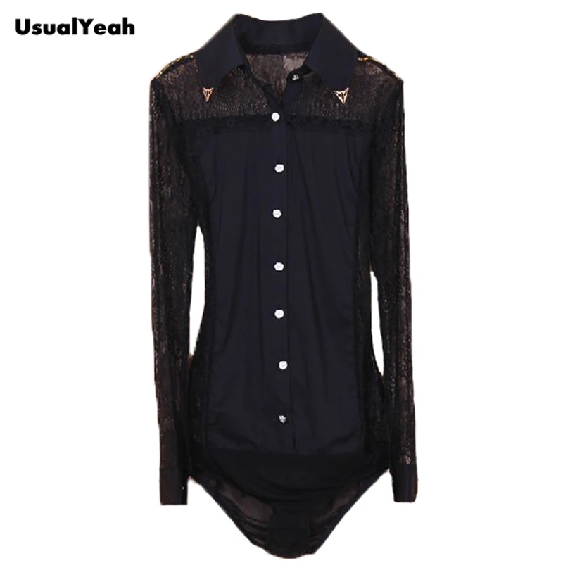 UsualYeah Для женщин модные, пикантные Кружева длинным рукавом ПР Для женщин Рабочая одежда тела Рубашки Блузы черный белый S-M-L-XL SY0101
