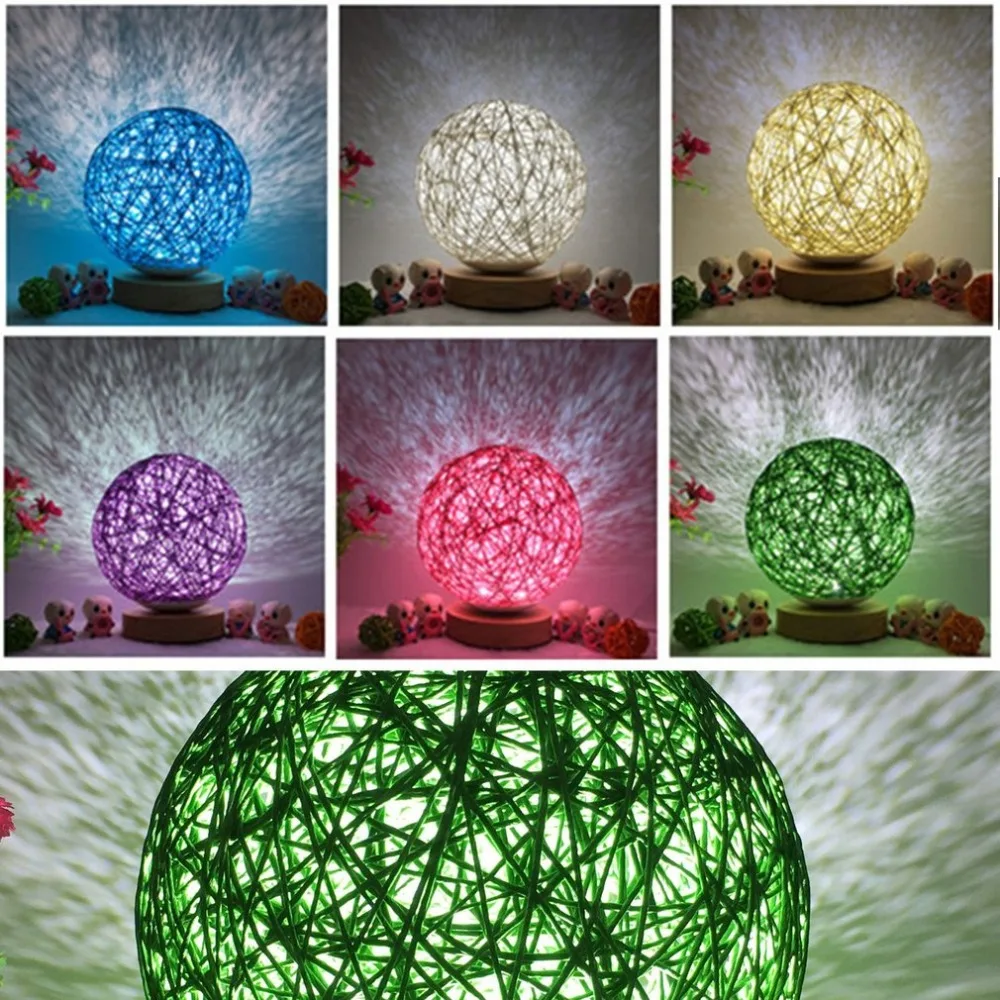 

Romantic Rattan Ball Night Light with Wood Base Dimmable Night Lamp Home Party Wedding Decor Bedside Desk Lamp for Bedroom