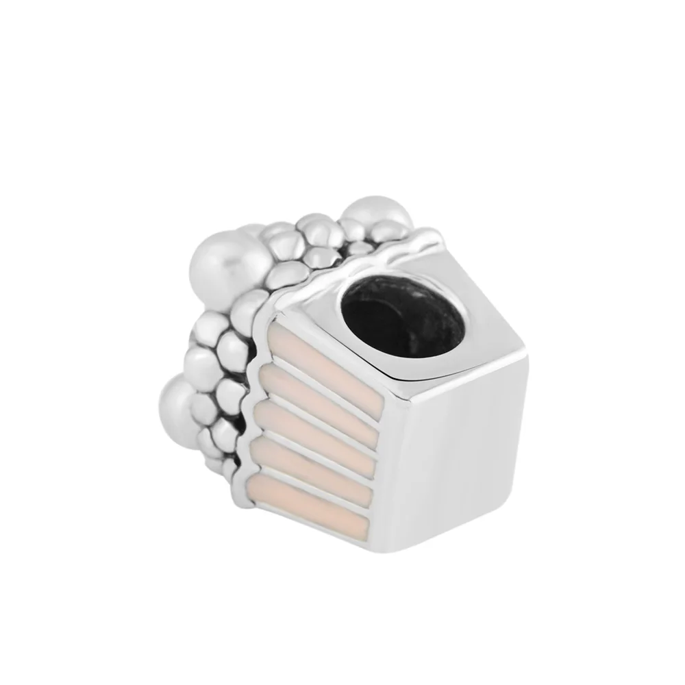 

100% 925 Sterling Silver Delicious Popcorn Charm With Pale Pink Enamel & White Crystal DIY Fine Jewelry FL766