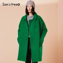 Samstree 51.1% шерстяное пальто зимнее женское двубортное пальто с отложным воротником корейский стиль Женская свободная Длинная Верхняя одежда оверсайз