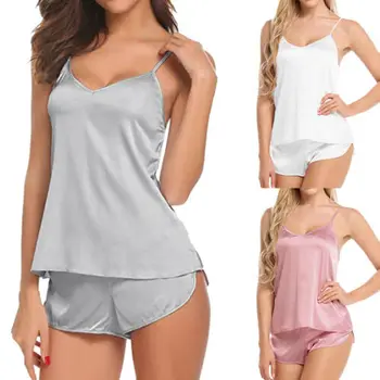 

Sexy Lady Simulation Silk Female Pajamas Set V-neck Camisole Sleeveless Sleepwear Nightwear Women Soft Suit Bikini Cover Up