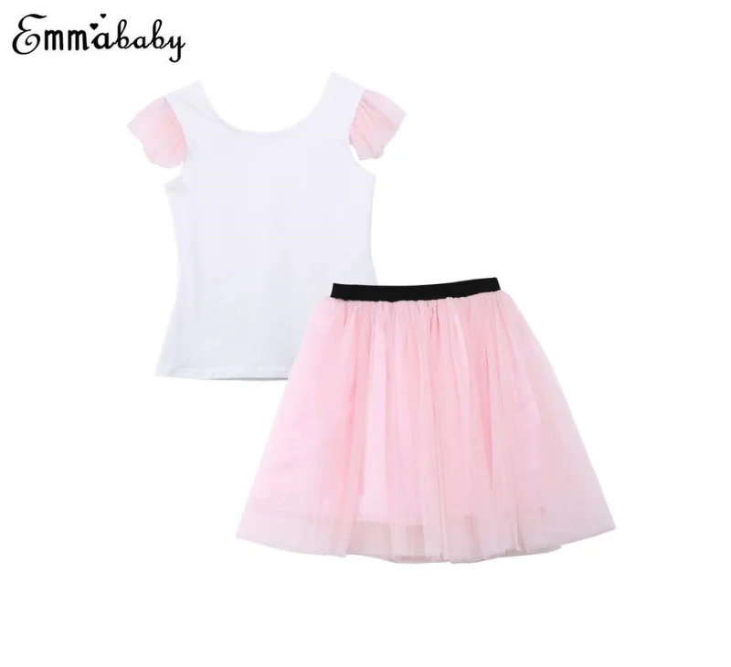 

2017 Kawaii Girls Skirt Short Sleeve Clothes White Pink Patchwork T Shirt Mesh Tulle Tutu Bow Skirt