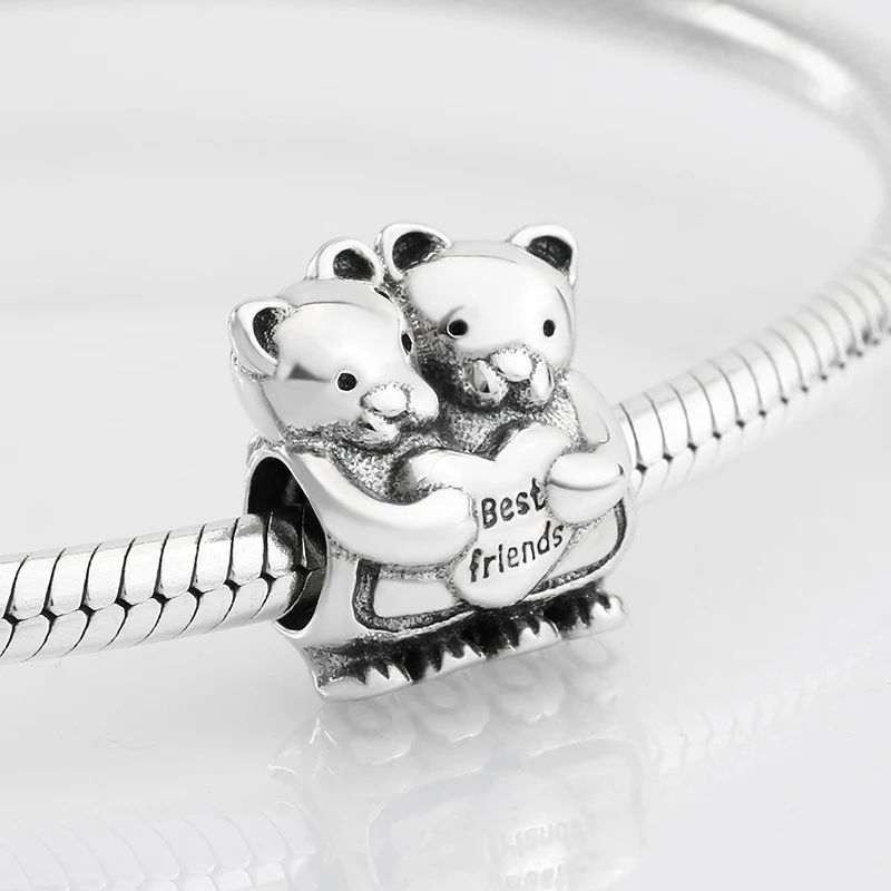 Лучший подарок для друзей, 925 пробы, серебряный, два медведя, форма, подвески, бусины, подходят к оригинальному браслету Pandora, изготовление ювелирных изделий