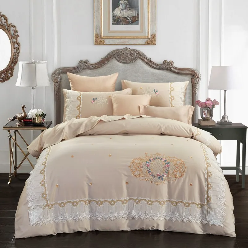 

Beige/Pink luxury Lace Embroidery 60S Egyptian Cotton Bedding Set Queen King Size Duvet Cover Bed Linen Bed sheet Pillowcases