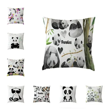 

Wholesale Cute Panda Cushion Covers Polyester Peach Skin White bamboo Flowers Print Pillowcase Family Room Sofa Chair Decorate