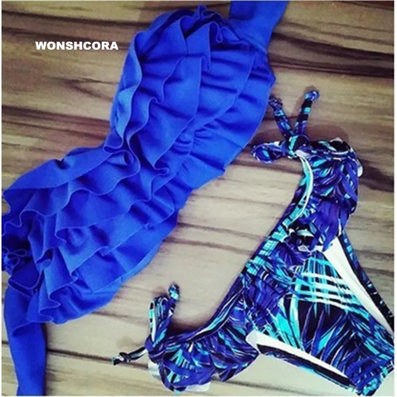 

WONSHCORA New Multi-layer Sexy Women Bikini Set Blue Fold Swimwear Swimsuit for Girls Beach High Elasticity Swimming Trunks