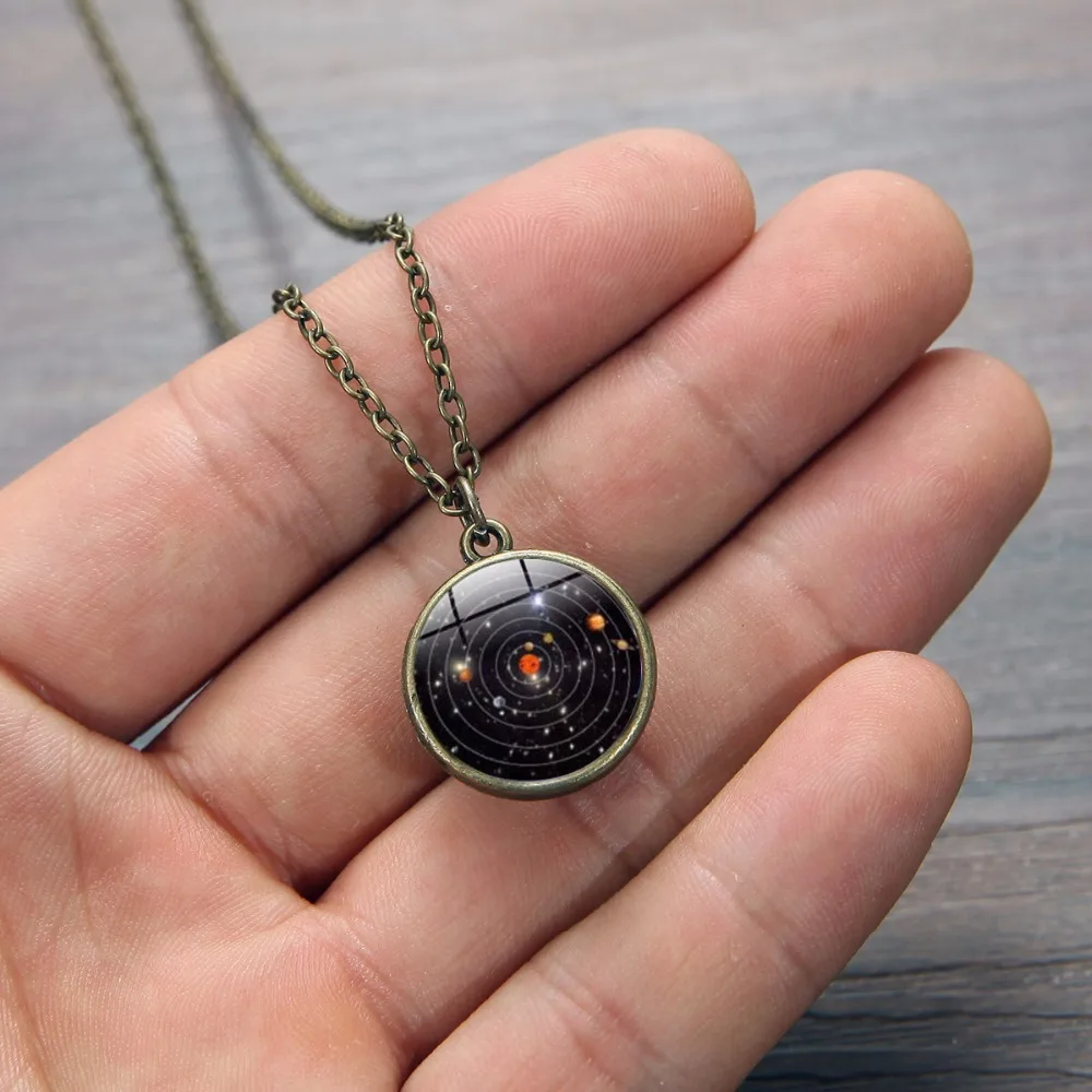 SIAN Vintage Solar System Glass Ball Necklace Planetary Orbits Galaxy Space Time Gem Handmade Pendant Chain Astronomy Ornaments