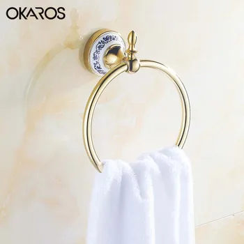 

OKAROS Bathroom Towel Ring Holder With Ceramic Decoration Towel Rack Towel Bar Stainless Steel Chrome Golden Bathroom WC Ring