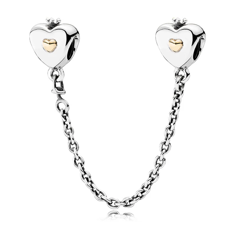 Authentic 925 Sterling Silver Bead Charm Gold Color Love Heart & Crown