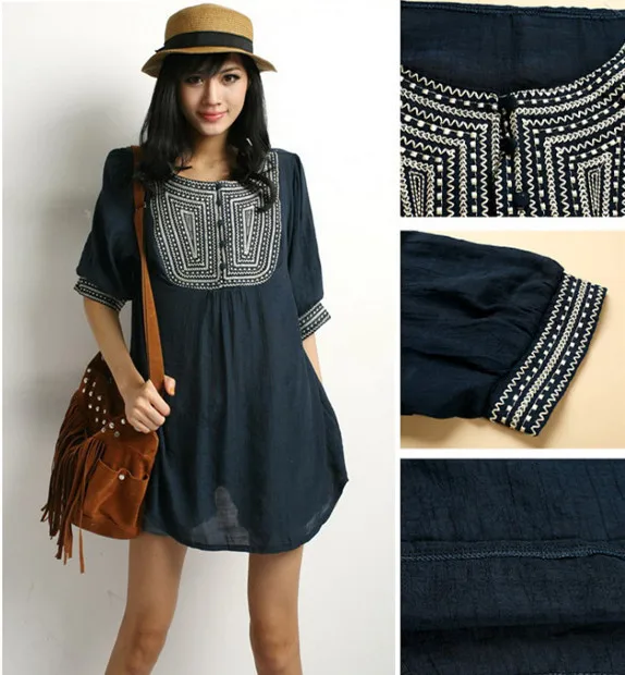 

2019 New Free Shipping Vintage 70s Mexican Ethnic Embroidery Boho Hippie T-shirt Tops L Plus Size Women Clothing